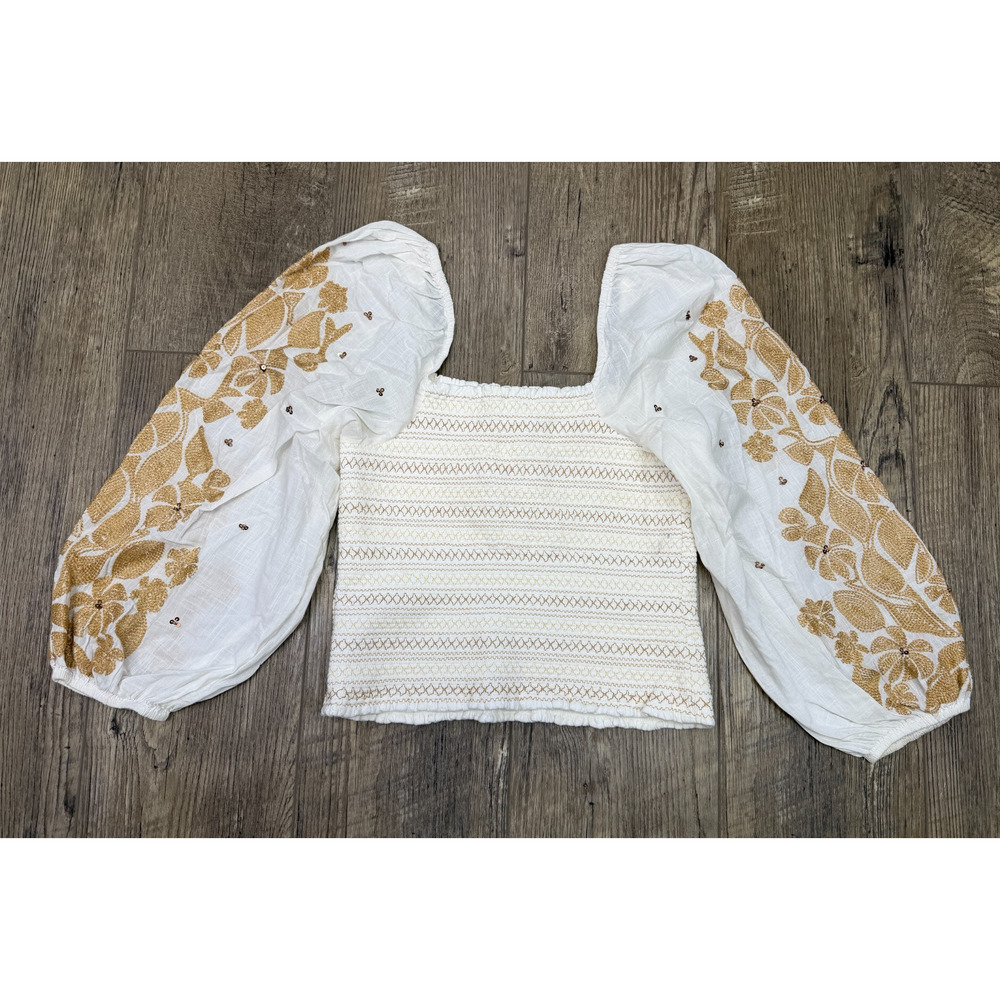 Anthropologie Womens Smocked Square Neck Puff Sleeve Embroidered Top Size Small - Picture 2 of 4
